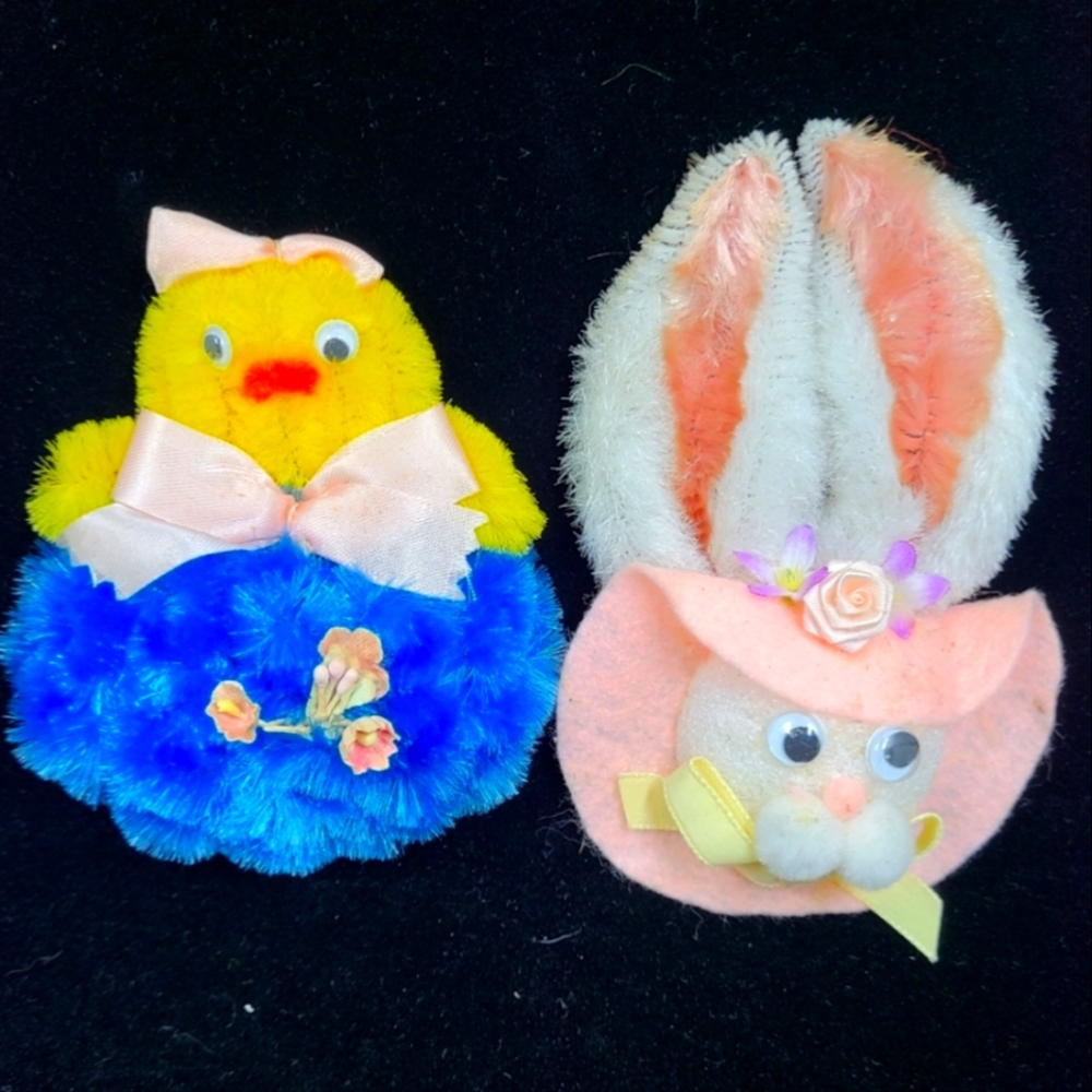 Two Vintage Easter Magnets Pipe Cleaner Easter Egg Chick and Easter Bunny Easter